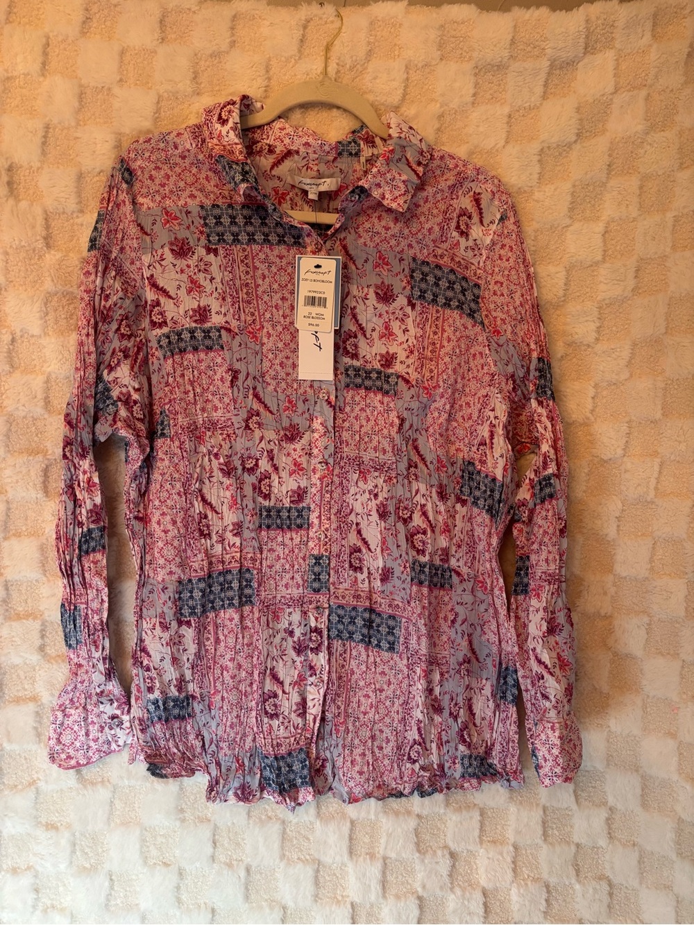 Foxcroft Rose Blossom Floral Patchwork Button-Up in Pink and Blue Size 22